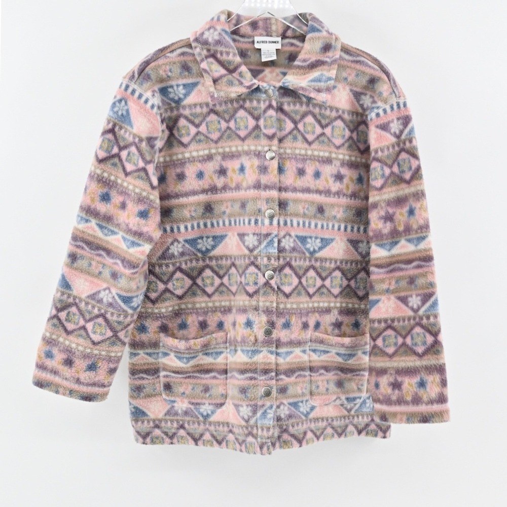 Vtg‎ ALFRED DUNNER Womens Fleece Jacket Size L Fair Isle Pink Button Shacket 90s